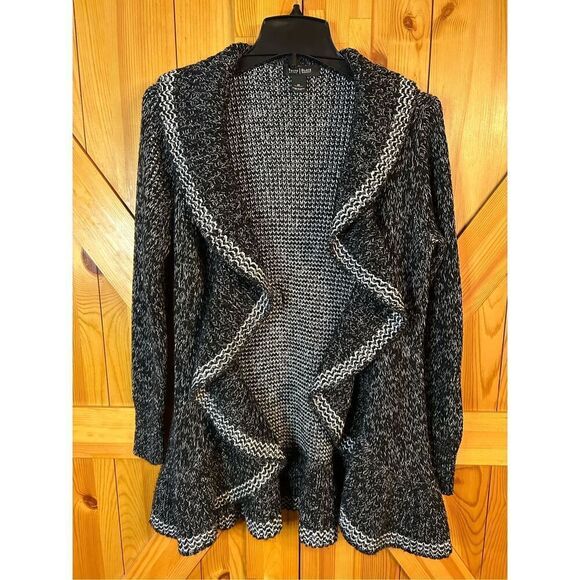 White House Black Market Cardigan Open Drape Sweater Black White Medium Wool Ble - Picture 1 of 5